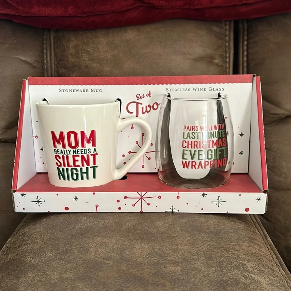 Mom Christmas coffee mug  and stemless wine glass gift set